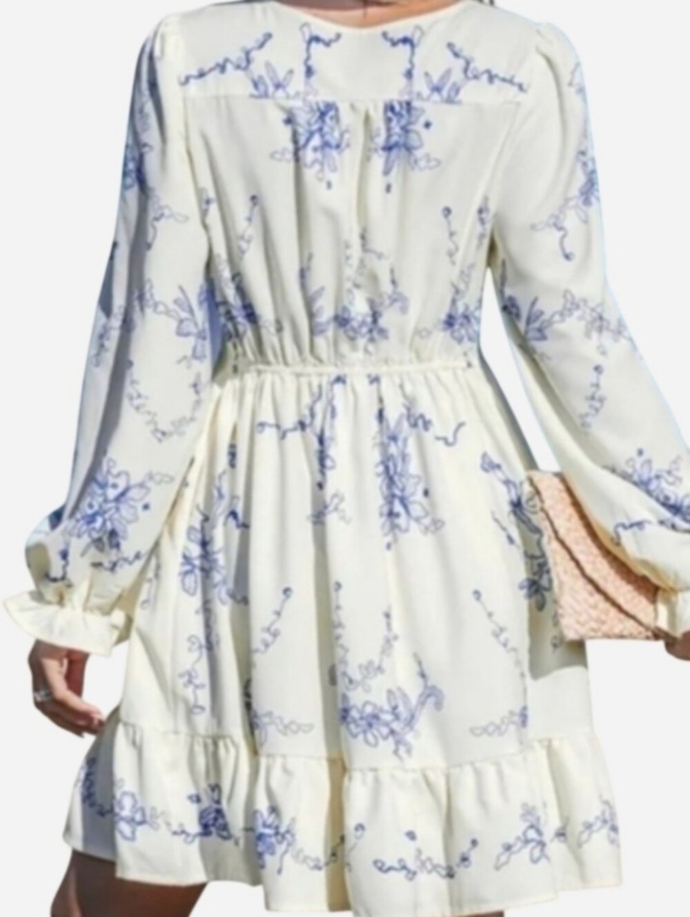 Scalloped Trim, Boho Orchids Ruffuled Mini Dress, Blue & Cream, Summer, Beach - Picture 2 of 9